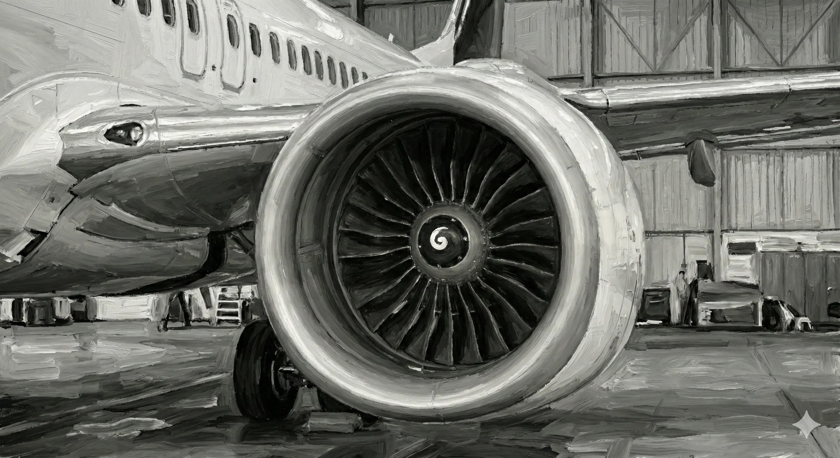 Close-up of a Boeing 737 CFM56 turbofan engine nacelle in a maintenance hangar, rendered in a dramatic black and white oil painting style showing blade detail and ground equipment
