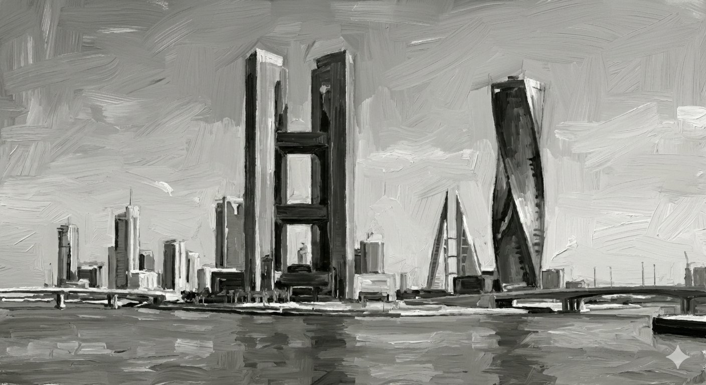 Bahrain skyline waterfront painting showing the Financial Harbour towers and Bahrain World Trade Center overlooking the bay — key landmarks in the freehold investment zones